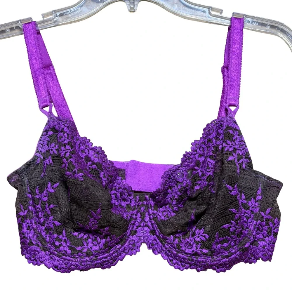Wacoal Retro Chic 65191‎ Purple Brown Floral Lace Underwire Bra 36D Full Figure